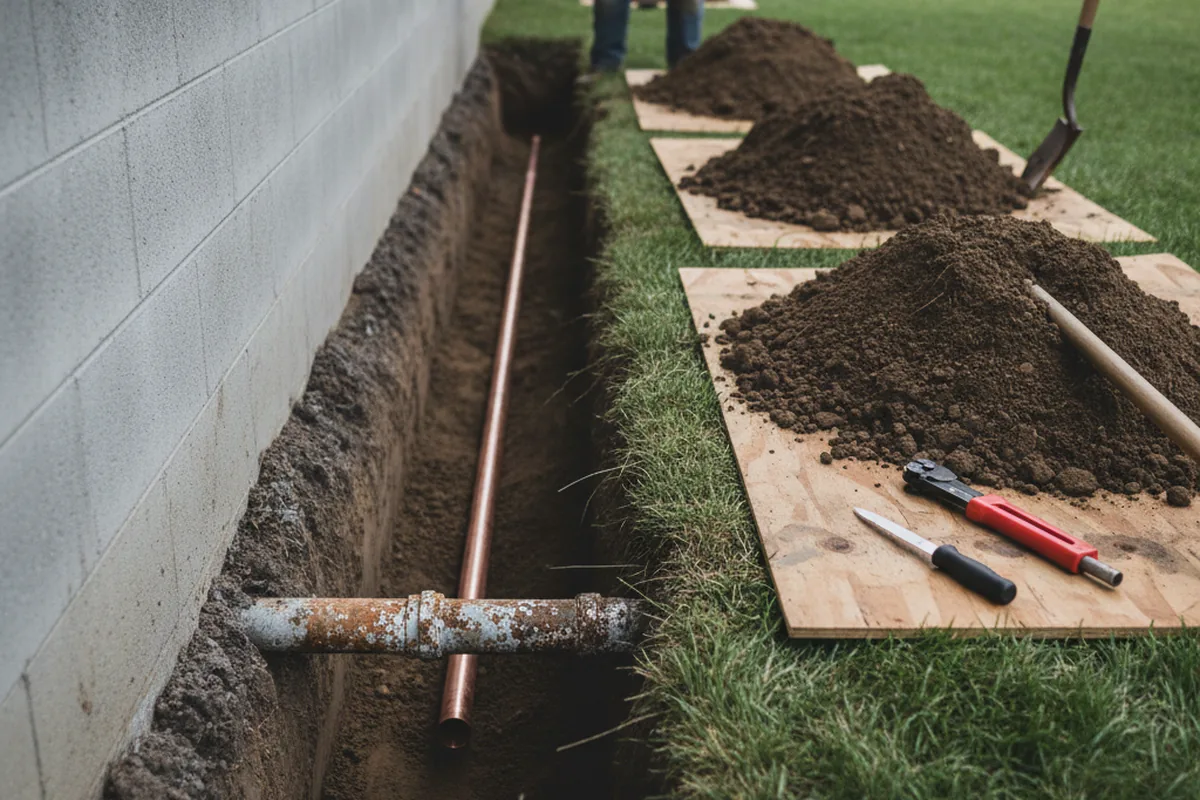 Excavated water line trench during Water Heater Repair in Shepherd